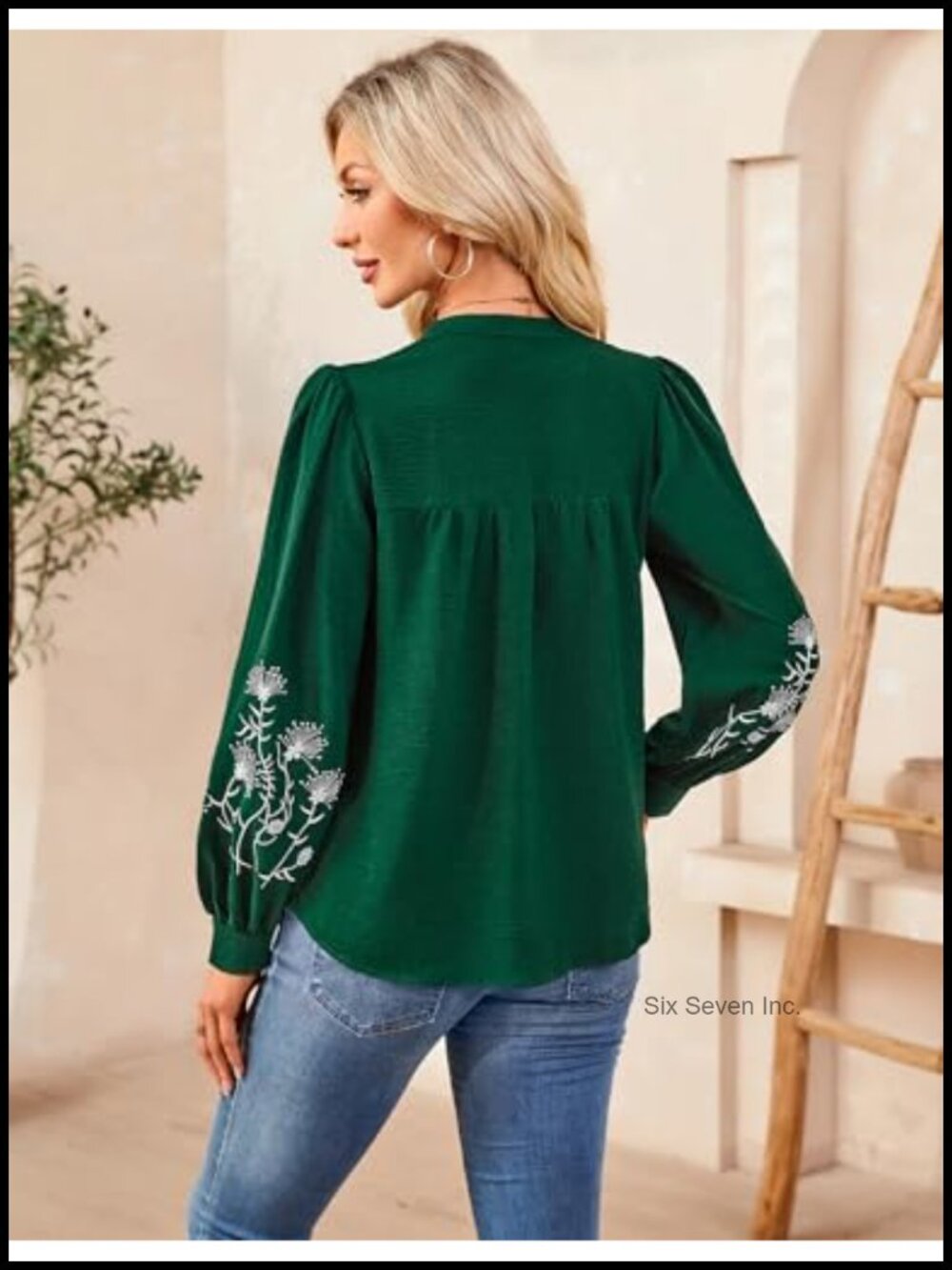 Floral Embroidered Boho Peasant Blouse Long Sleeve V-Neck - Picture 5 of 6